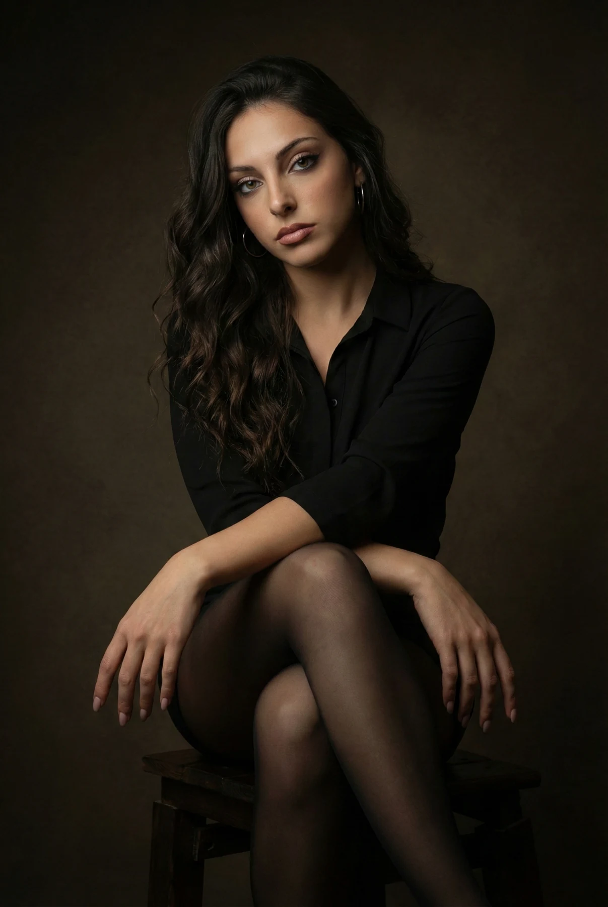 Elegant studio portrait of a woman seated against a dark background