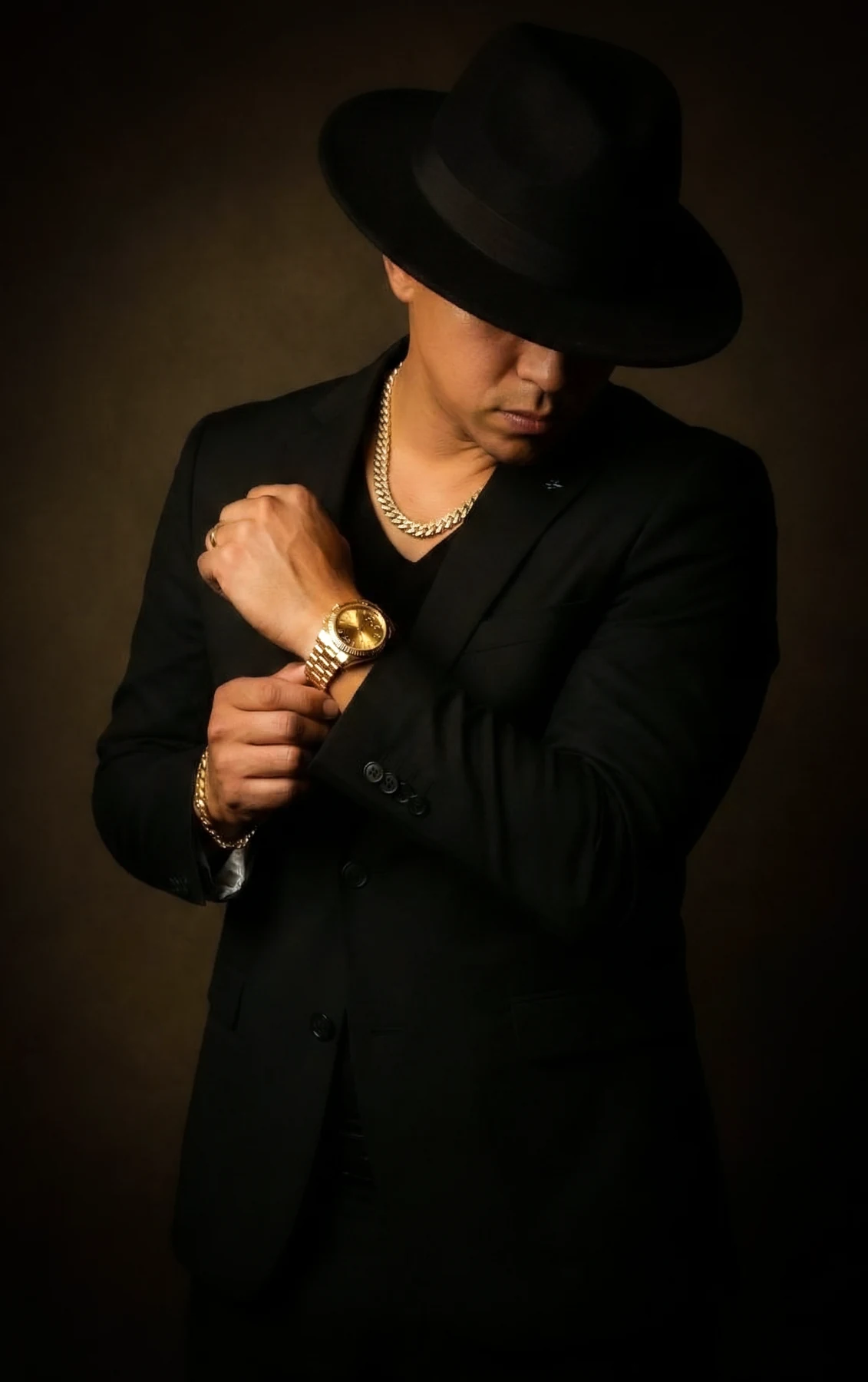 Male fashion portrait in a black suit and hat