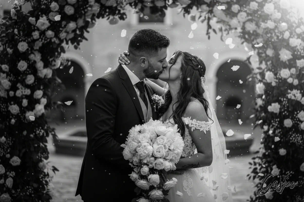 Black-and-white wedding portrait of a couple kissing under a floral arch